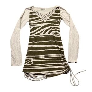 Psylo Womens Olive Tan Striped Braided V-Neck Long Sleeve Tunic Top Size 3‎